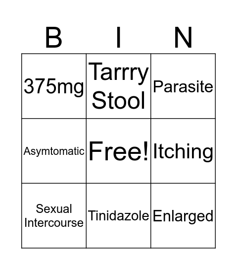 Trichomoniasis Bingo Card