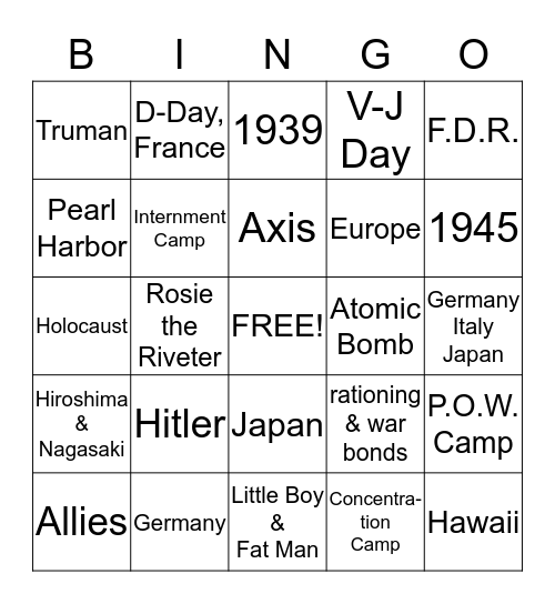 WW II Bingo Card