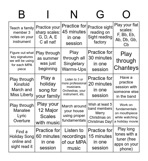 Winter Break Practice Bingo Card