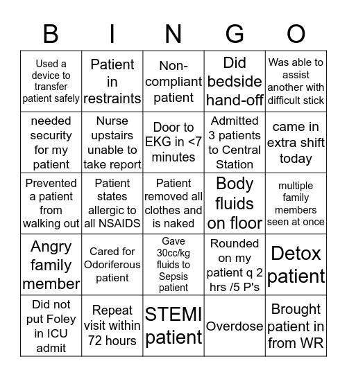Emergency Department Bingo Card