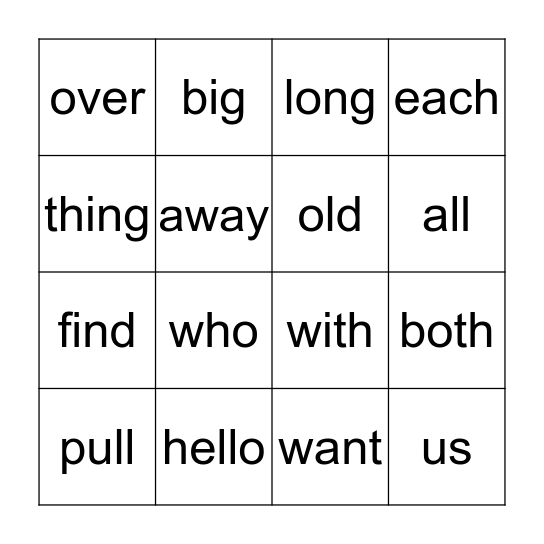Sight Word Bingo Card