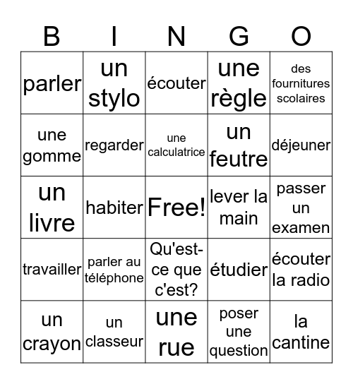 CHAPITRE 3 VOCABULAIRE Bingo Card