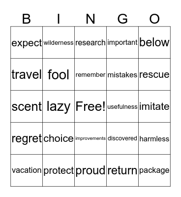 Vocabulary Bingo Card