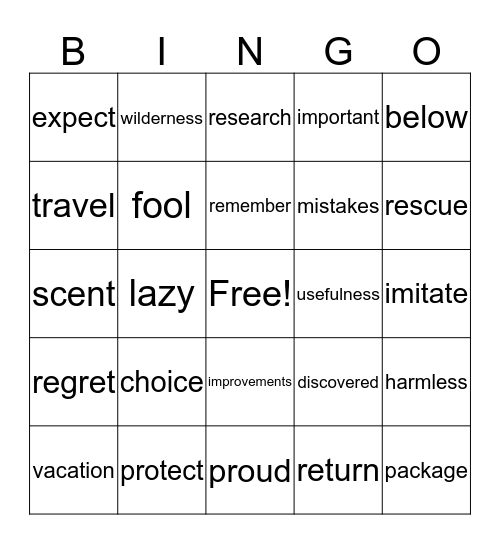 Vocabulary Bingo Card