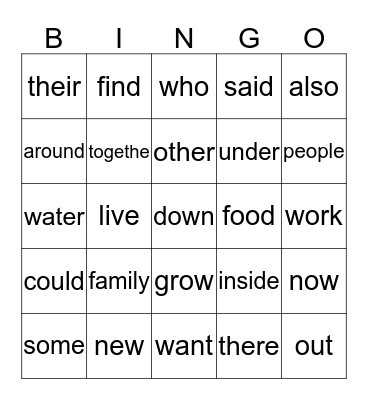 Unit 2 High Frequency Words Bingo Card