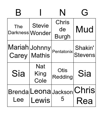 Xmas Artist Music Bingo 1 Bingo Card