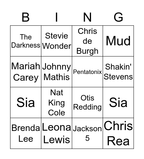 Xmas Artist Music Bingo 1 Bingo Card
