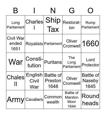 English Civil WAR Bingo Card