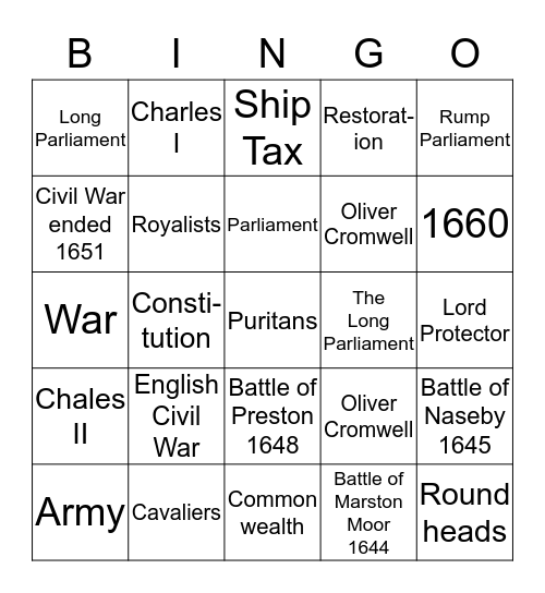 English Civil WAR Bingo Card