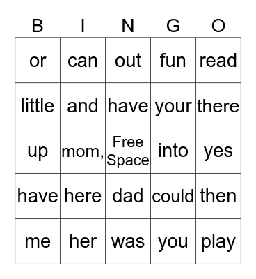 Sight Words Bingo Card