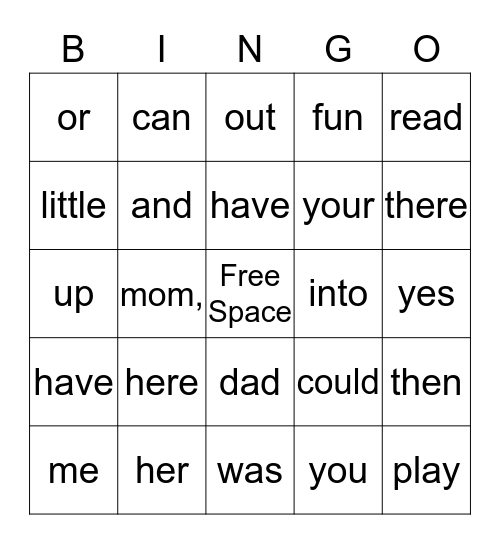 Sight Words Bingo Card