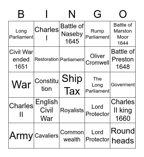 English Civil War  Bingo Card