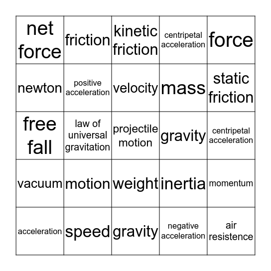 Unit 5:  Motion, Forces, and Work Bingo Card