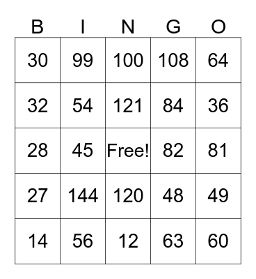 Multiplication Facts Bingo Card