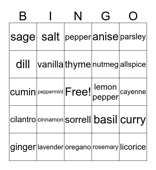SPICES Bingo Card
