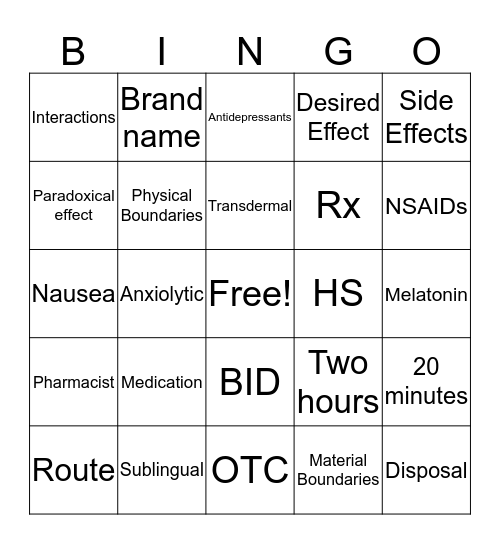 Medications Bingo Card