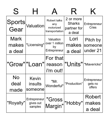 Shark Tank Bingo Card