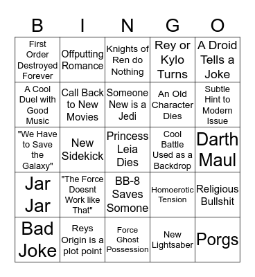 Star Wars Rise of Skywalker Bingo Card