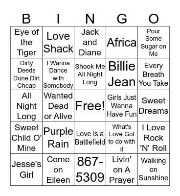 Music Trivia 80s Bingo Card
