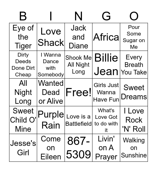 Music Trivia 80s Bingo Card