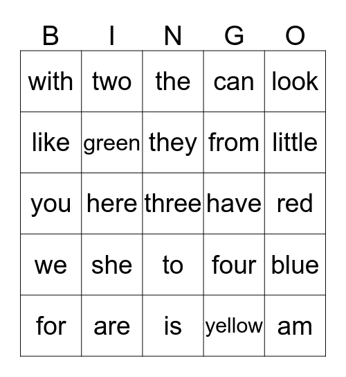 Kindergarten Word Wall Bingo Card