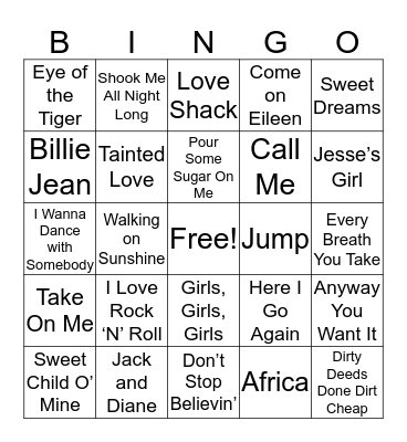 Music Trivia 80s Bingo Card