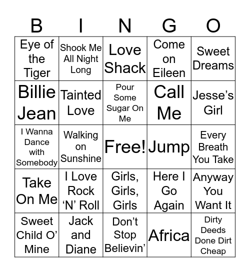 Music Trivia 80s Bingo Card