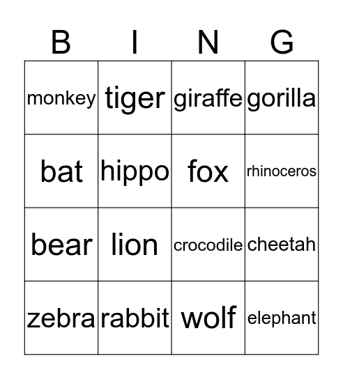 Wild Animals Bingo Card