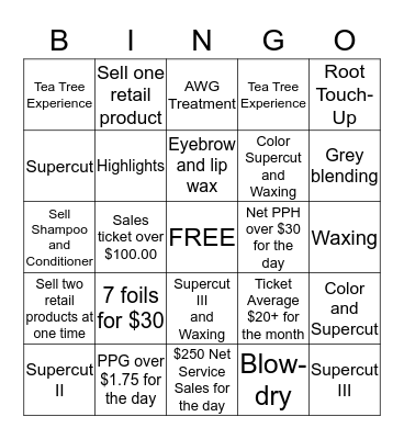 SUPERCUTS BINGO Card