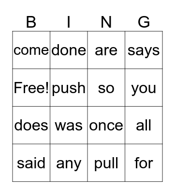 Sight Words Bingo Card