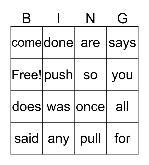 Sight Words Bingo Card