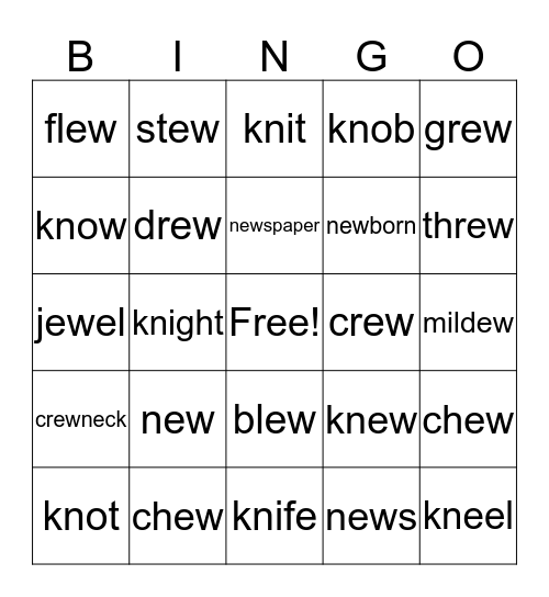 ew words & kn words Bingo Card