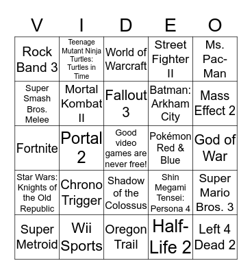 Video Games Bingo Card