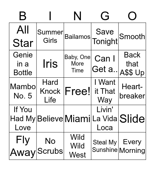 Songs of the Late 90s Bingo Card