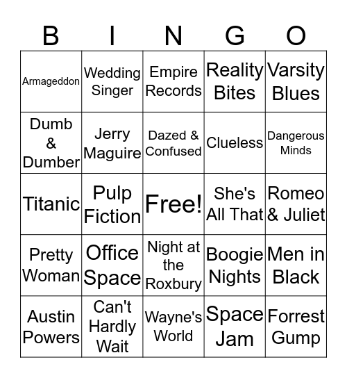 Songs of 90s Movies Bingo Card