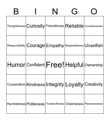 Friendship Values Bingo Card