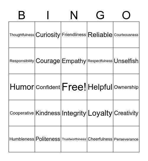 Friendship Values Bingo Card