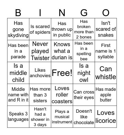 Getting to Know You Bingo Card