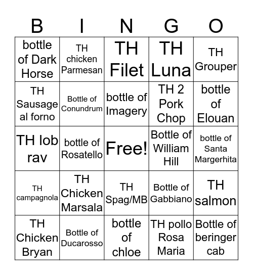 take home and Bottle Bingo Card