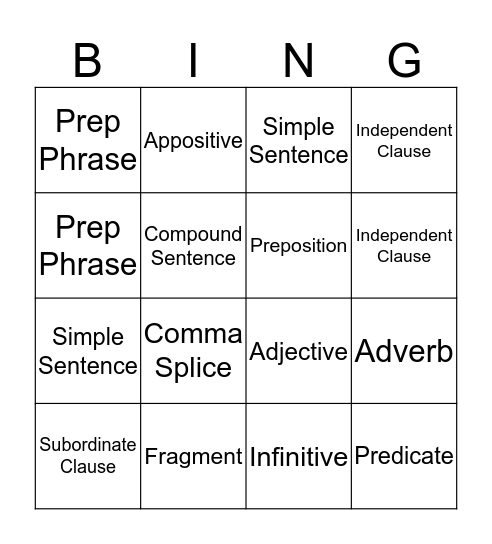 Grammar BINGO  Bingo Card