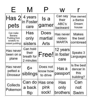 EmpowerMent Bingo Card