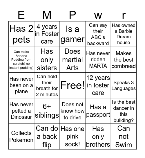 EmpowerMent Bingo Card