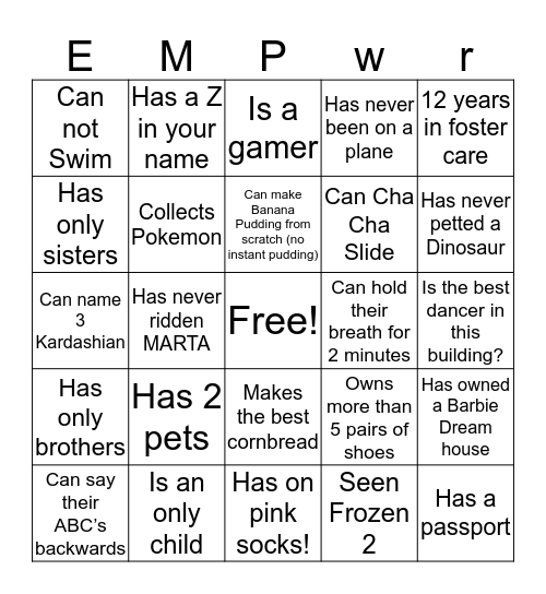 EmpowerMent Bingo Card