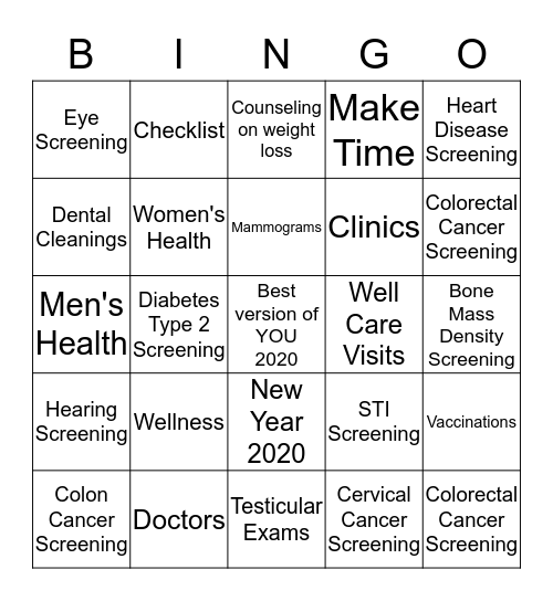 Preventative Care   Bingo Card