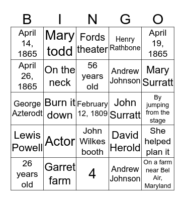 Lincoln Assassination Bingo Card