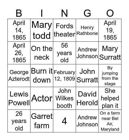 Lincoln Assassination Bingo Card