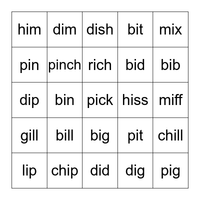 Short i Bingo Card