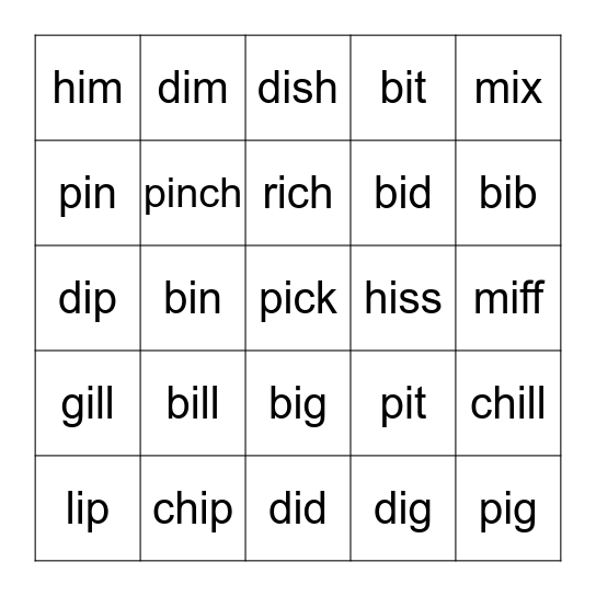 Short i Bingo Card