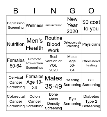 Preventative Care   Bingo Card