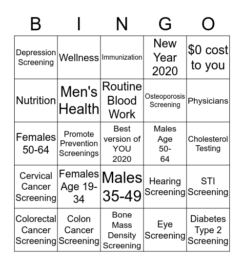 Preventative Care   Bingo Card